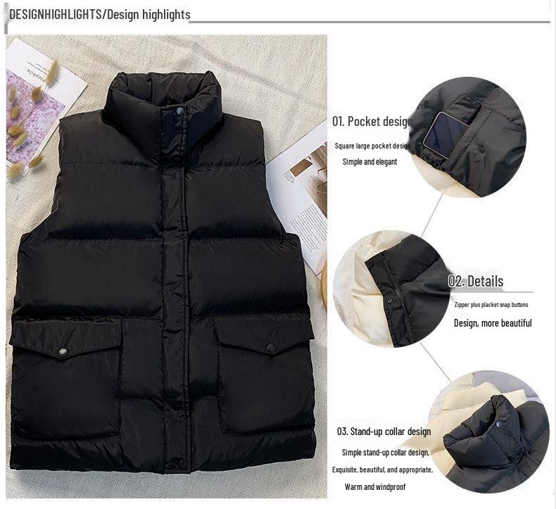 2023 Women's Winter Bread Style Short Down Cotton Padded Vest - Sleeveless, Casual Korean Fashion