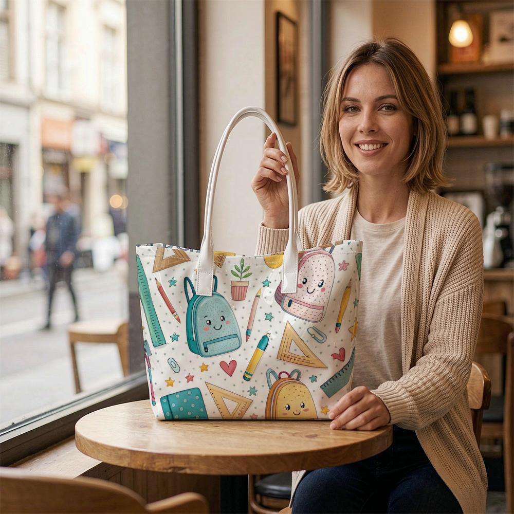 Cute Stationery Print Tote Bag Fashion Daily Shoulder Handbag for Shopping Travel Use