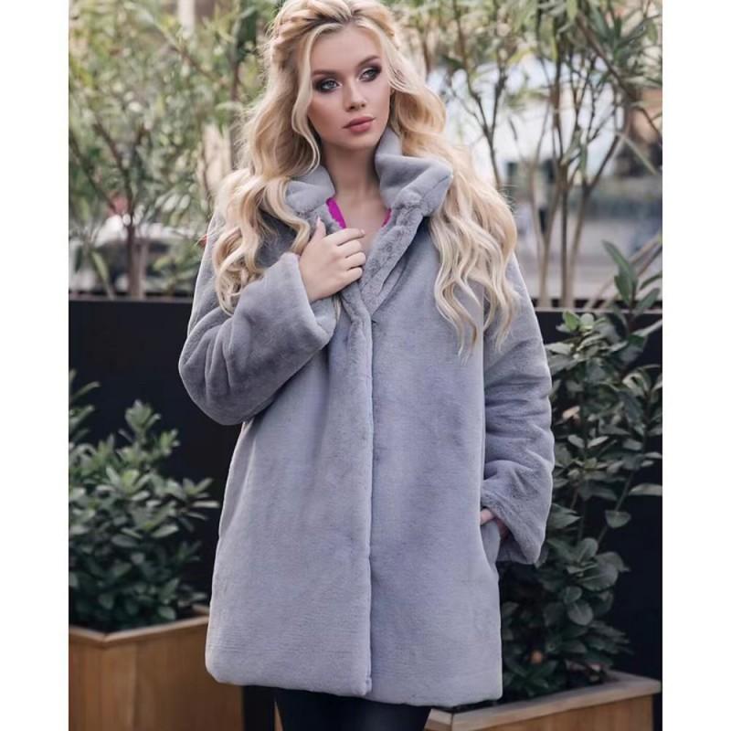 Womens Faux Fur Coat Stand Collar Winter Mid-Length Streetwear Light Luxury Outerwear