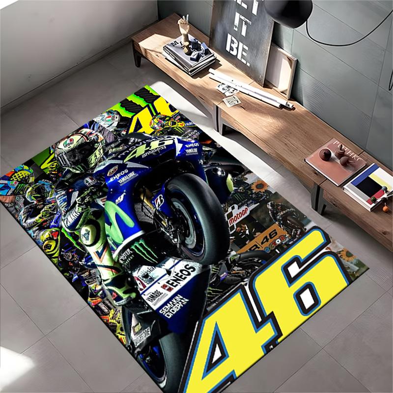 Sports Area Rug, Valentino Rossi 46 Movistar Yamaha Wheelie Monster Energy Blue Bike Print, Garage Decor, Non-Slip Mat