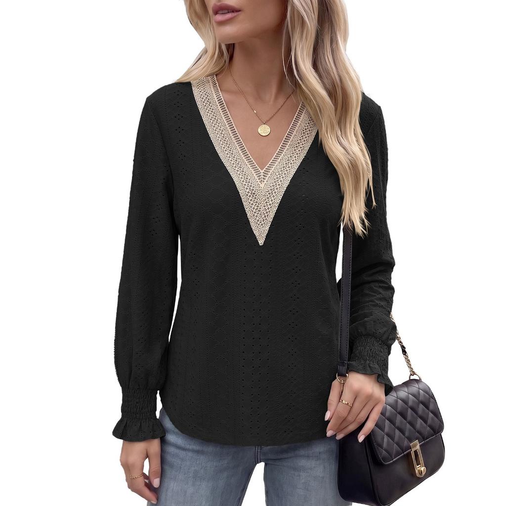 Fall Winter New Solid Color V-Neck Lace Splicing Loose Long Sleeve T-Shirt Top for Amazon EU US Cross-border Trade