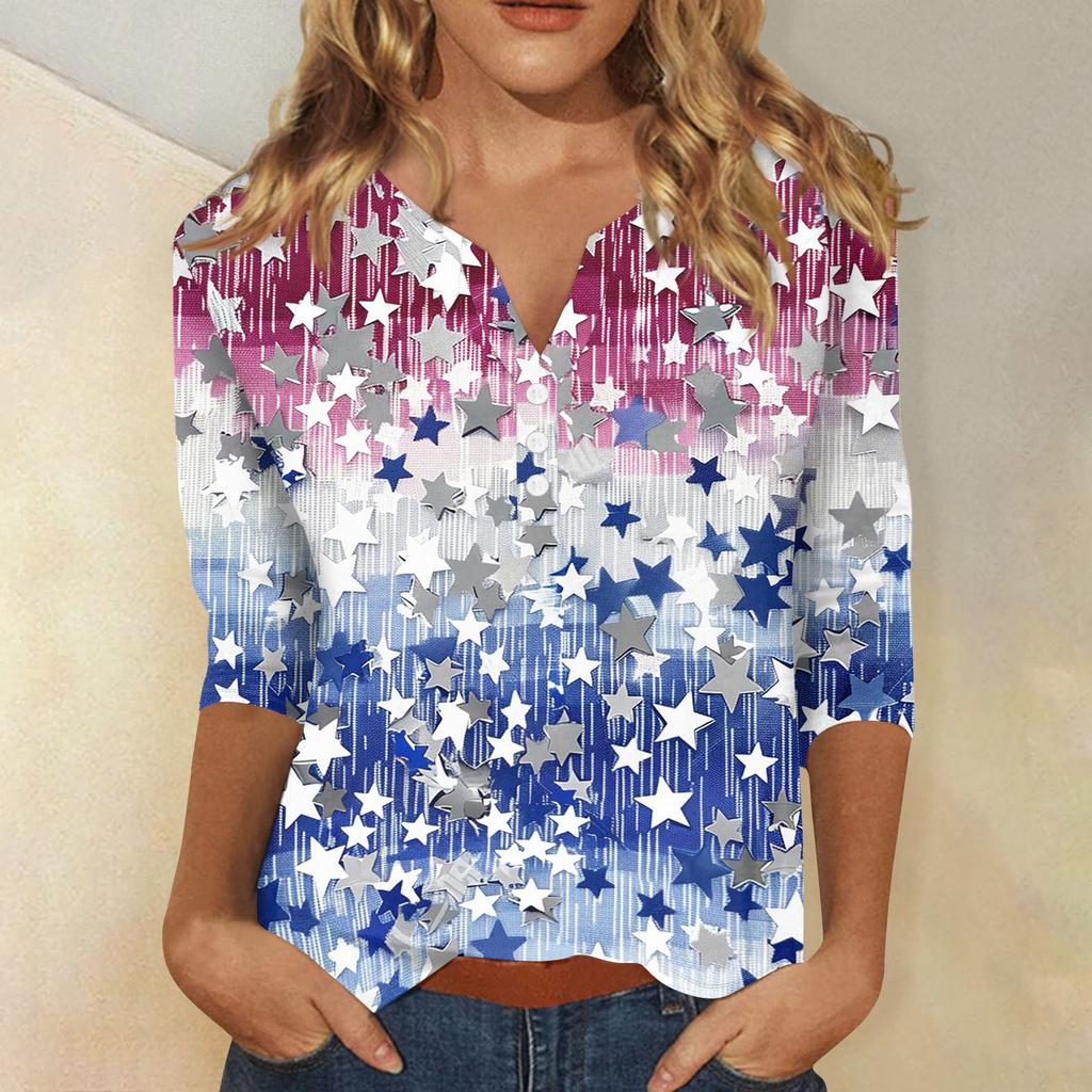 Women's T Shirt Independence Day Print Button 3/4 Sleeve Daily Weekend Fashion Basic V- Neck Regular Top