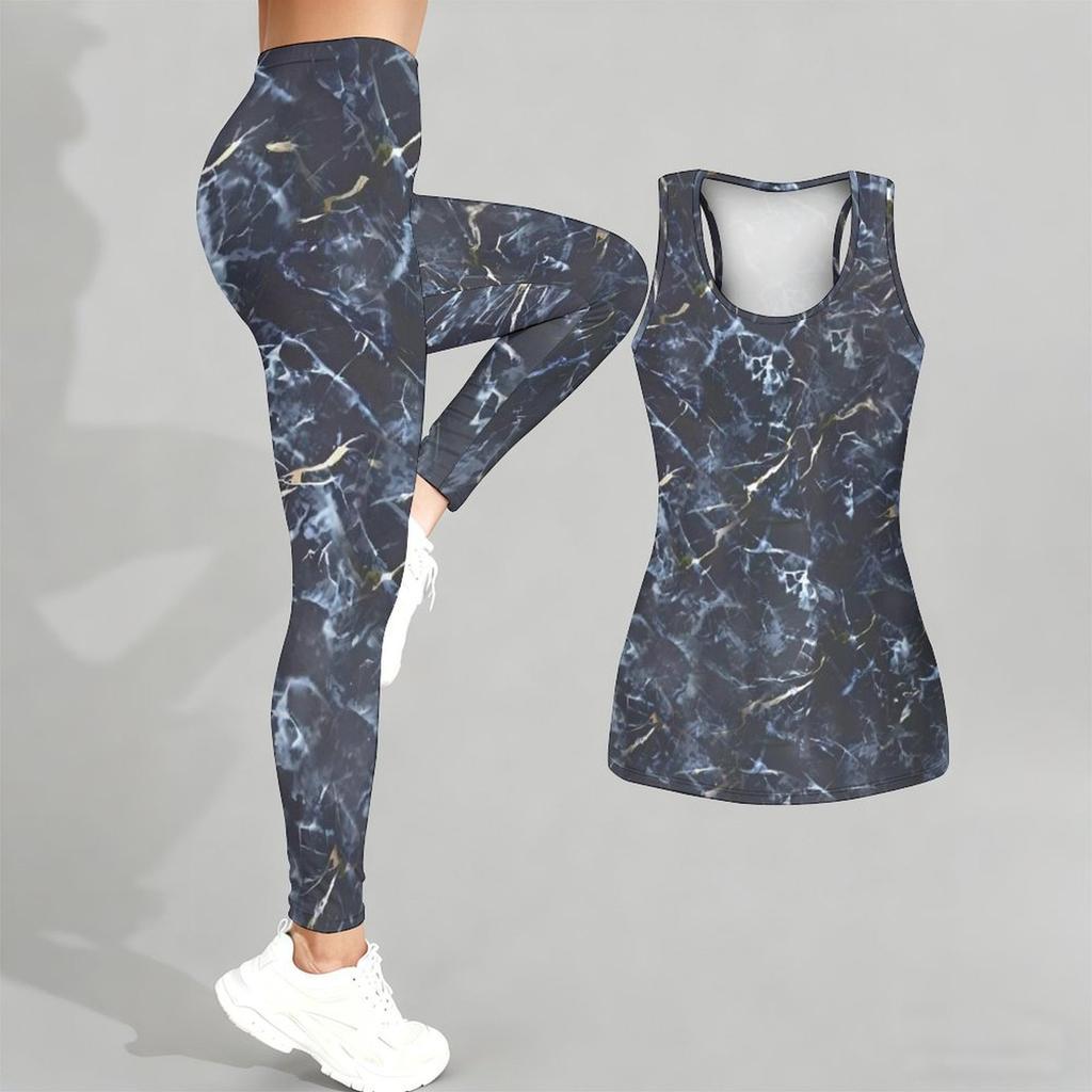 Marble Veining Printed Yoga Outfit for Women Fashion Workout Leggings Fitness Sports Casual Yoga Set Sports Suit