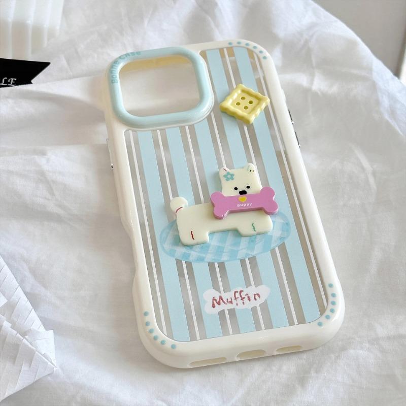 Korean Striped 3D Cartoon Puppy Button Phone Case For iPhone 17 16 15 14 13 12 11 Pro Max XS X XR Acrylic Shockproof Hard Cover