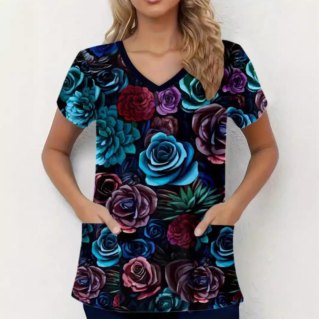 Romantic Pink Butterfly 3D Digital Print Women's Pocket V-neck Pullover Short Sleeved T-shirt Hospital Protective Apparel