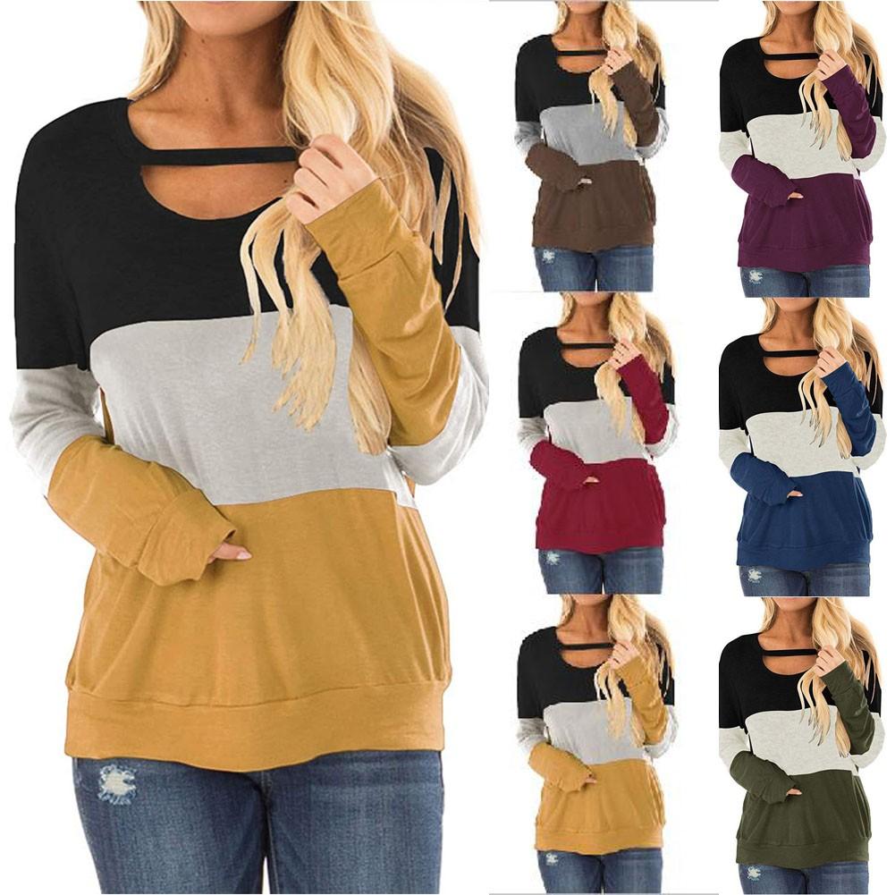 

Women s Fashion Casual Color Contrast Round Neck Pullover Long Sleeve Tops