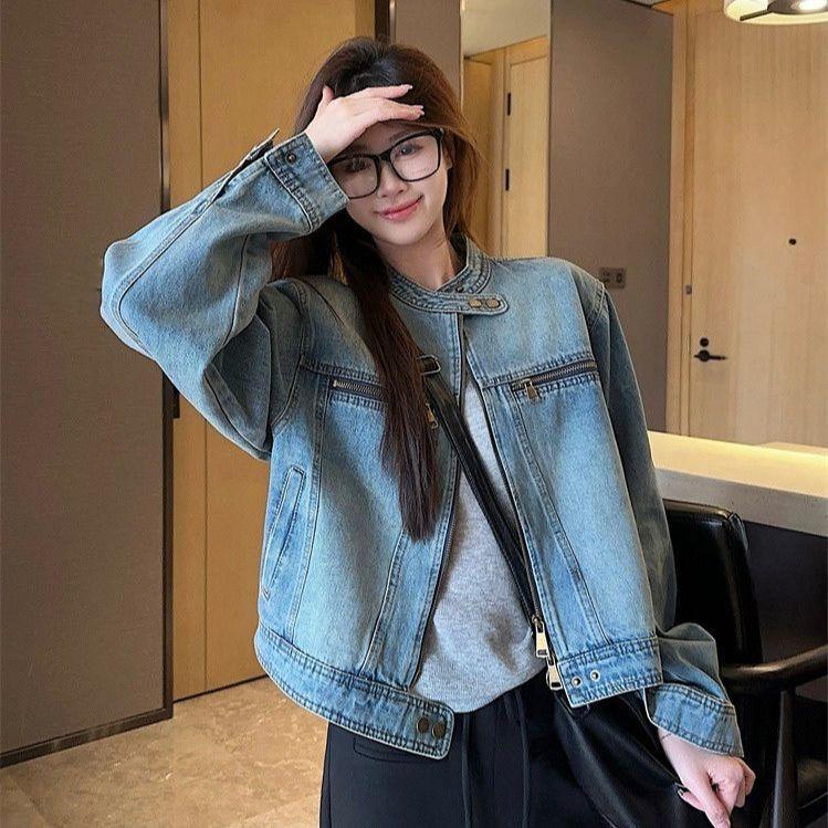 Frühlingskurze Jeansjacke Stehkragen Reißverschluss Vintage Gewaschen Lockerer Schnitt Stylisch Layering Essential