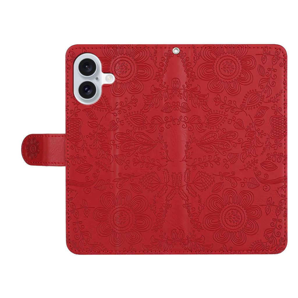 For iPhone 16 Plus Case Flower Imprint Leather Flip Wallet Phone Cover with Wrist Strap