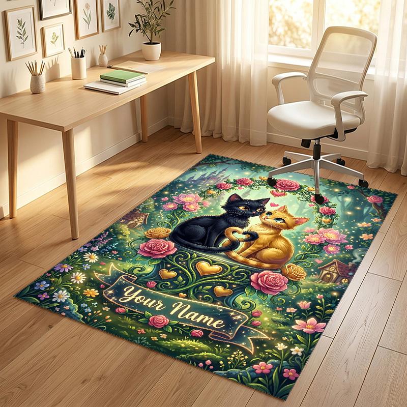 Cat Theme Crystal Velvet Rug Personalized Custom Name Text Soft Floor Mat Home Decor