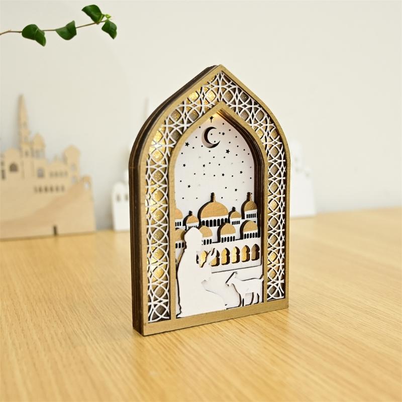 EID Wooden Pendant with LED Light Ornament Islamic Festival Supplies DIY Craft Perfect for Ramazan Home Party Decoration