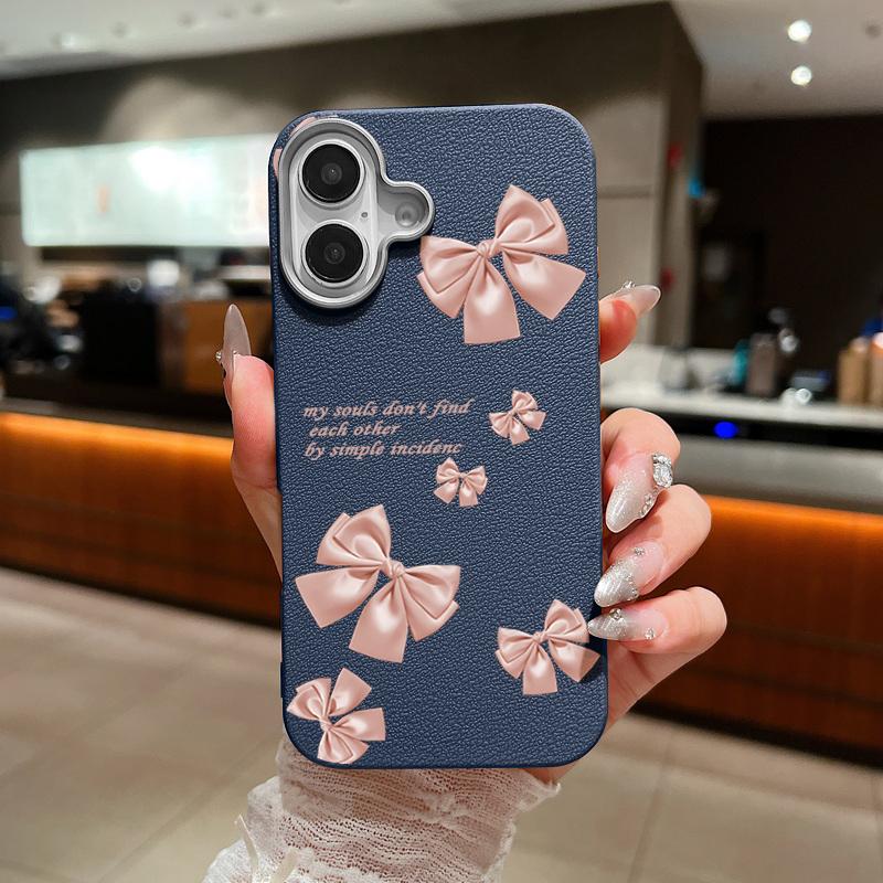 Solid Color Bowknot Patterned Leather Texture Phone Case for iPhone 16 Pro 15 14 Plus 13 12 Pro Max 11 Shockproof Matte Soft Tpu Slim Case Cover