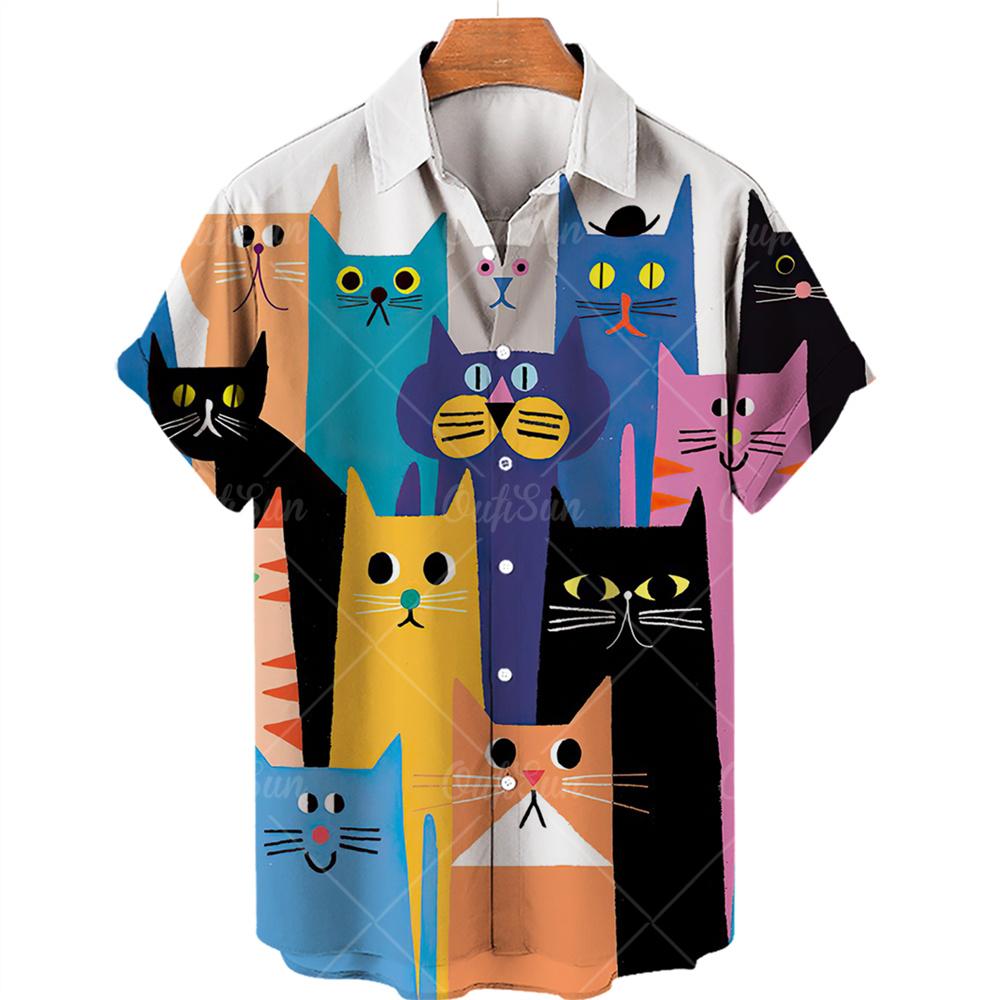Men's Hawaiian Shirts 3D Cute Cat Print Short Sleeved Shirt Lapel Fashionable Casual Harajuku Cartoon New Clothing