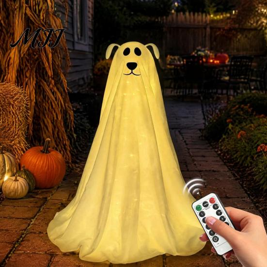 Trick or Treat Yard Sign Lighted Ghost Dog Halloween Decoration, Battery Operated Freestanding Spooky Glowing for Patio with Remote And String