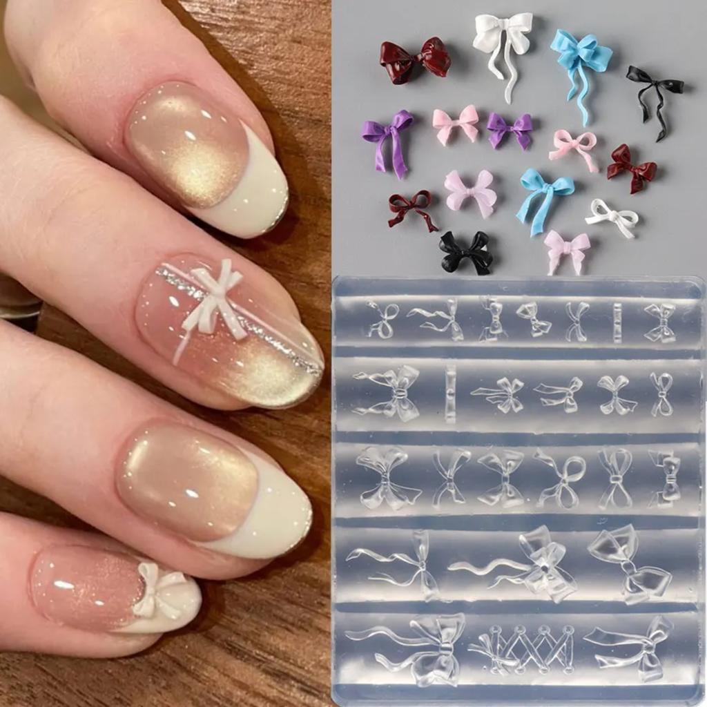 3D Bowknot Silicone Nail Mold Ballet Ribbon Tie Nail Charms Transparent Nails Template Carving Bowtie Manicure Stencil Tool
