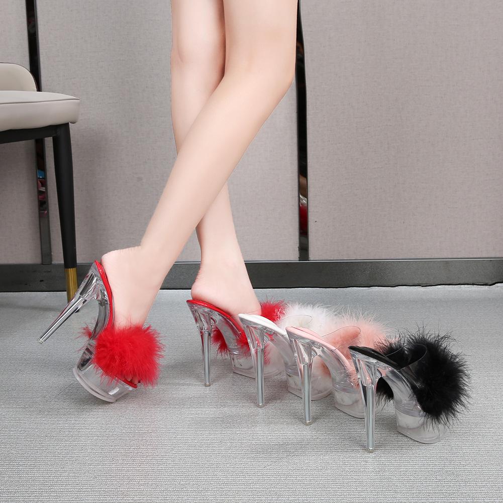 Furry Sexy Thin Stiletto Platform Slide Sandals, Transparent Crystal Heel Women Shoes For Wedding Banquet Formal Dress Occasions WZ-198614-89