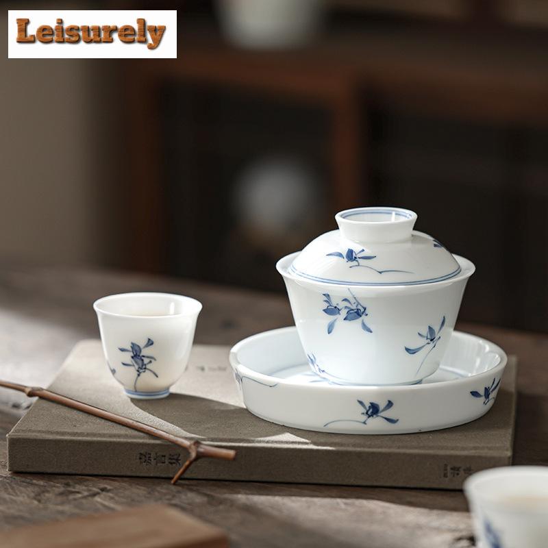 130ml Pure Hand-painted Butterfly Orchid Gaiwan Ancient Sancai White Porcelain Tea Tureen Tea Brewing Cover Bowl Teaset Ornament