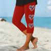 Women's Elastic Waist Capri Pants with Patriotic Heart Print Stretchy Fit Mid-Calf Length Casual Beach Bottoms