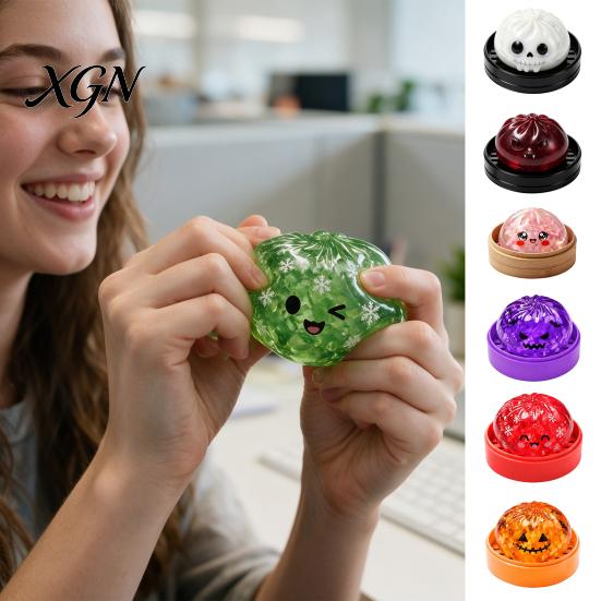 Soft Stress Balls Halloween Relief Dumpling Toy with Steamer, Glitter Ball Fidget Toys Toy, Anxiety Relieving Steamed Bun Squeeze for Holiday