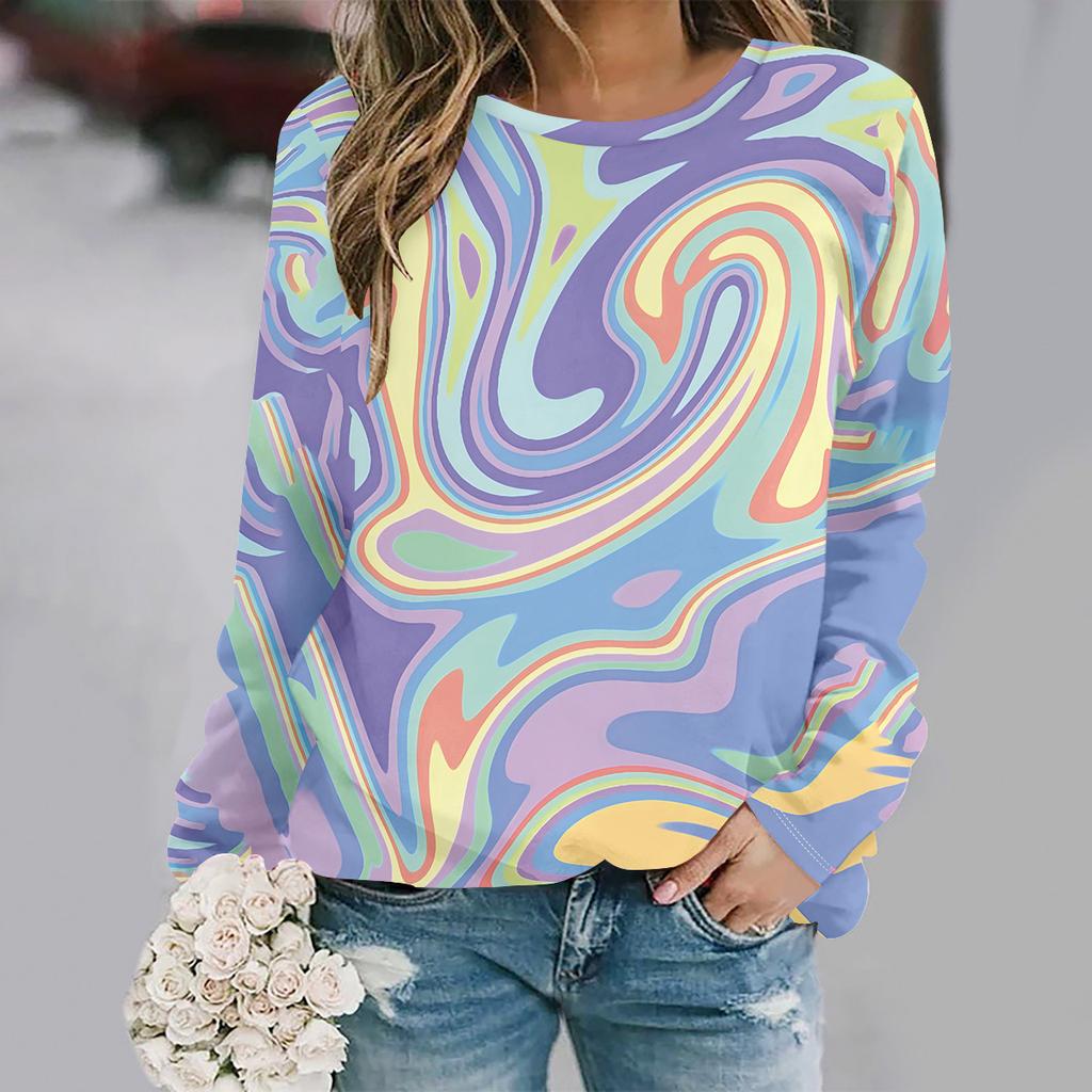 Autumn and winter round neck long sleeved print elegant and casual loose fit