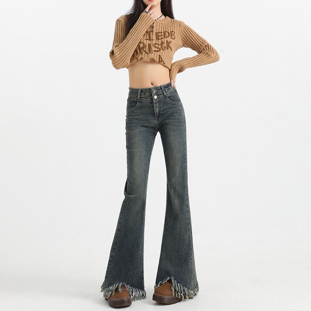 

Женские джинсы микро-пулл весна и осень новые с высокой посадкой тонкие ретро с необработанным краем бахромой тонкие расклешенные джинсы XL