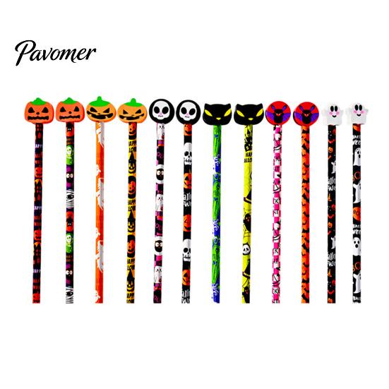 Kids Halloween Stationery 12 Pcs Pencils with 3D Skull Ghost Pumpkin Cat Erasers, Wood Bulk for Goodie Bags, School Classroom Rewards Supplies