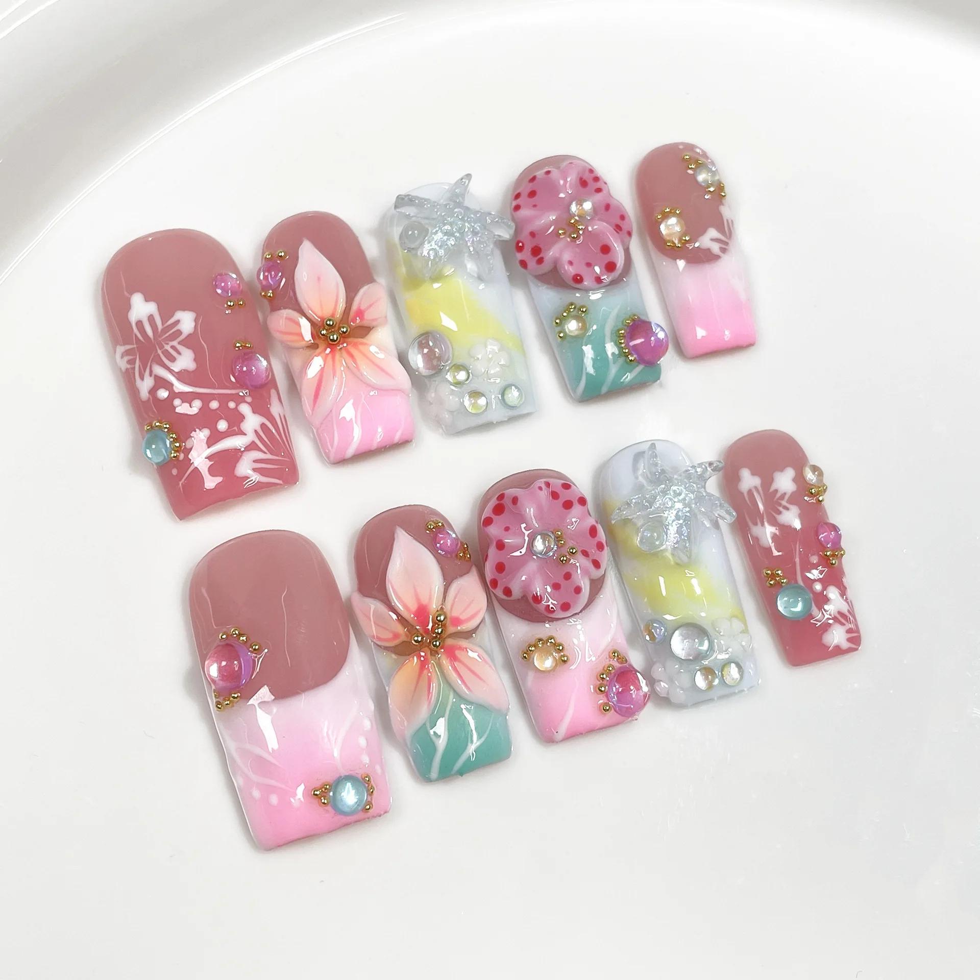 

10Pcs Handmade Coffin Press On Nails, French Gradient 3D Flower & Starfish False Nails United States