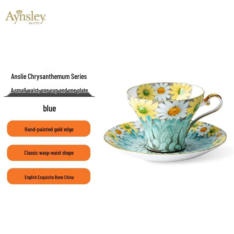 AYNSLEY Daisy Series Blue Slender Waist Coffee Cup and Saucer Set