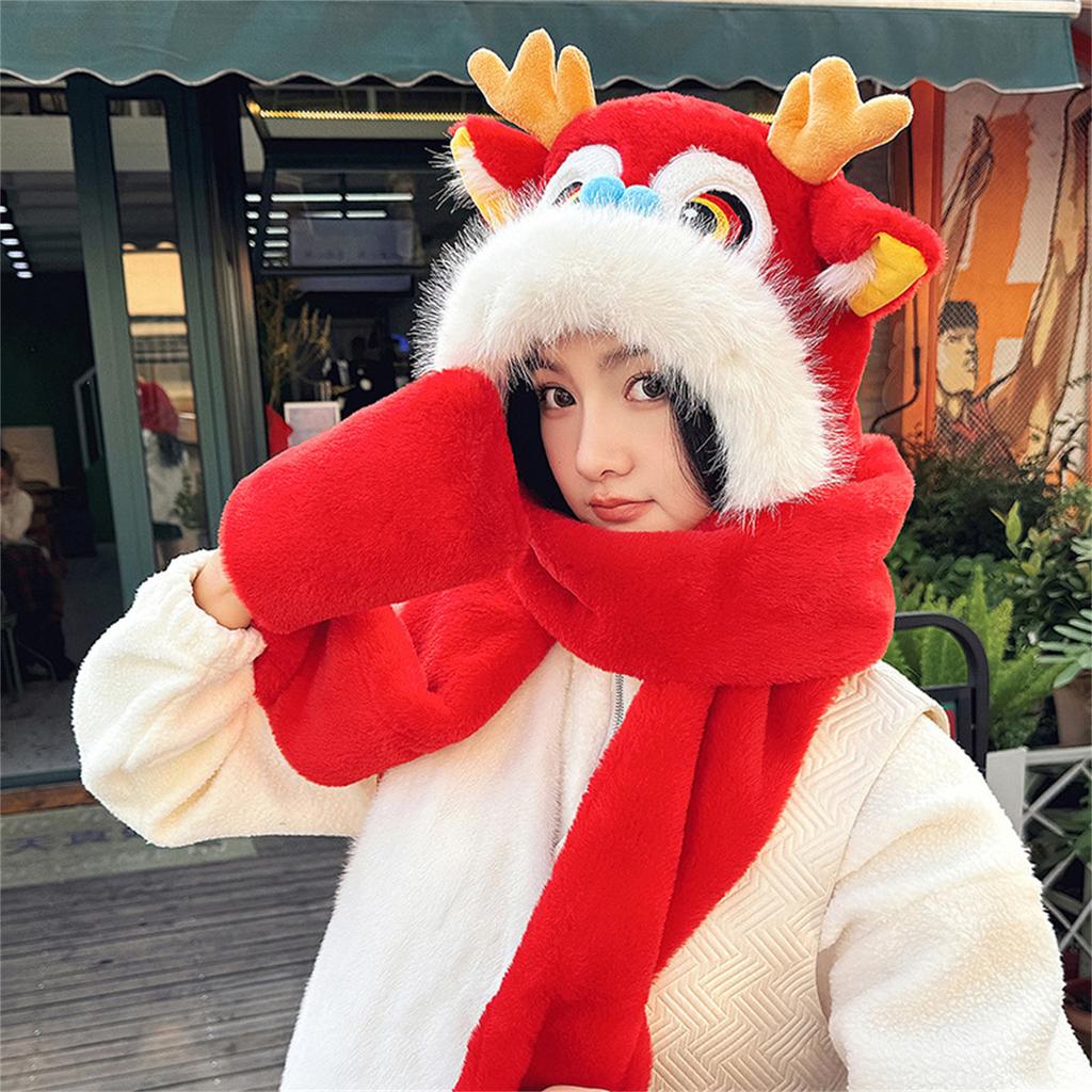 Dragon & Lion Dance Scarf Hat for Women Plush Ear Flap Hat for Girl Universal Windproof Warm Hat for Outdoor Activity