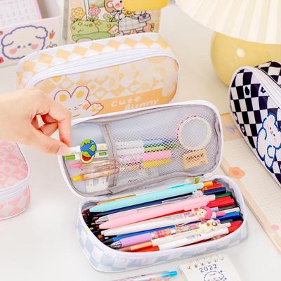 Precioso estuche para lápices, bonito estuche de dibujos animados de oso, conejito, tablero de ajedrez, bolsa de almacenamiento de papelería para estudiantes, volver a Shcool