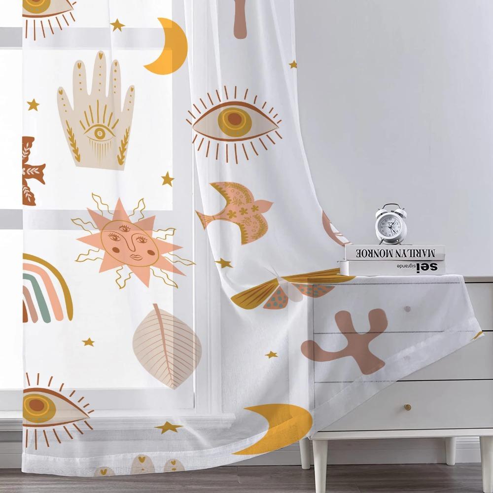 Bohemian Sun Moon Star Dreamcatcher Rainbow Translucent Voile Drape for Living Room Decor Leaves Cactus Kitchen Window Opening Tulle Drape