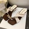 Fashion Hot Selling Fashion Open Toed High-heeled Sandals for Women 2025 Summer  Rhinestone Design Square Head Slippers Beach Cool Pumps
