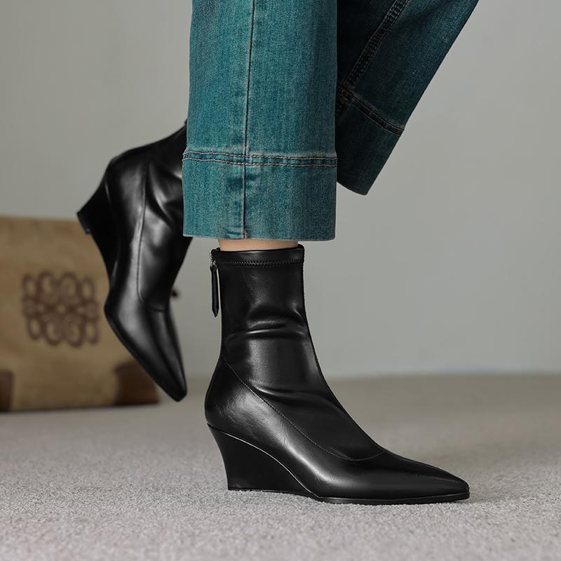 Fashion 2025 New Autumn Women Boots Pointed Toe Wedges Modern Boots Microfiber Women Shoes Short Boots High Heels Stretch Shoes