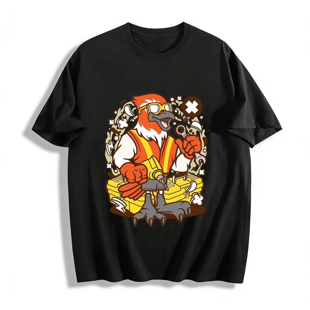 Cartoon Woodpecker Mechanic Print Casual Workwear T-Shirt Pure cotton T-shirt XXS