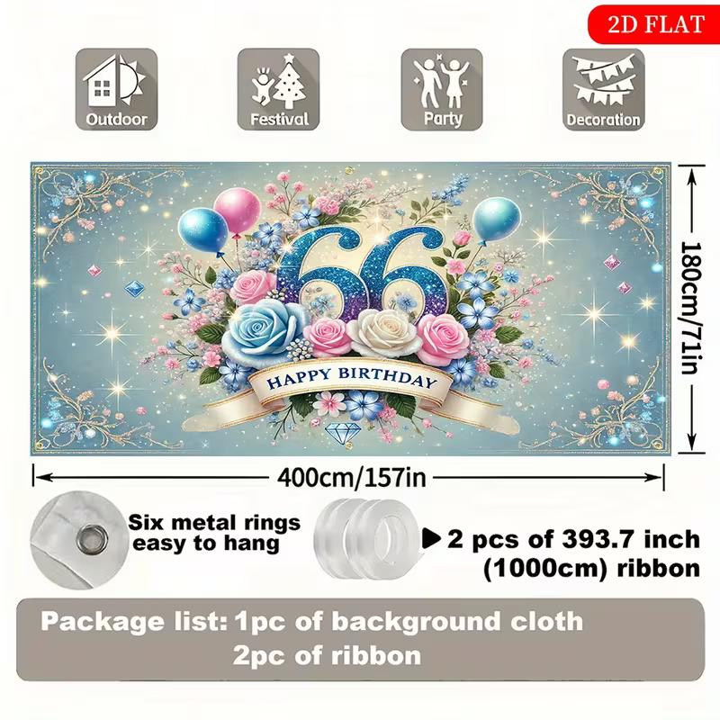 2D Flat Printed 66th Birthday Backdrop, Light Blue Floral & Balloon Garage Door Banner