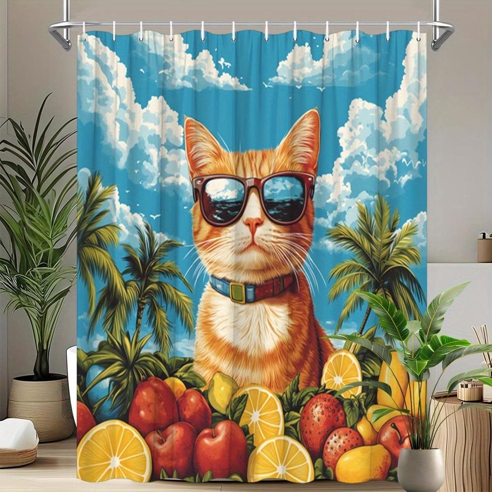 

Tropical Cat Vacation Atmosphere Shower Curtain Washable Dirt-Resistant Shower Head Waterproof Polyester Bath Curtain W60H190(CM)-1 Pcs