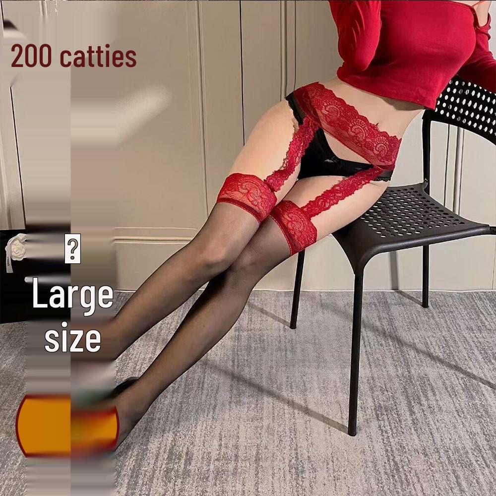 

Plus Size Sheer Strappy Lace Stockings with Integrated Straps - Ultra-Thin Sexy Black & White Long Lingerie One Size [80-130 jin] вина червоного кольору
