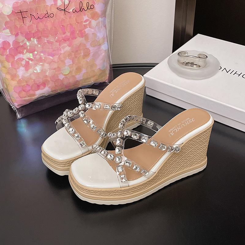 

Новая женская обувь стразы прозрачный плетеный пеньковый шнур танкетка высокий каблук крутые шлепанцы темперамент 39