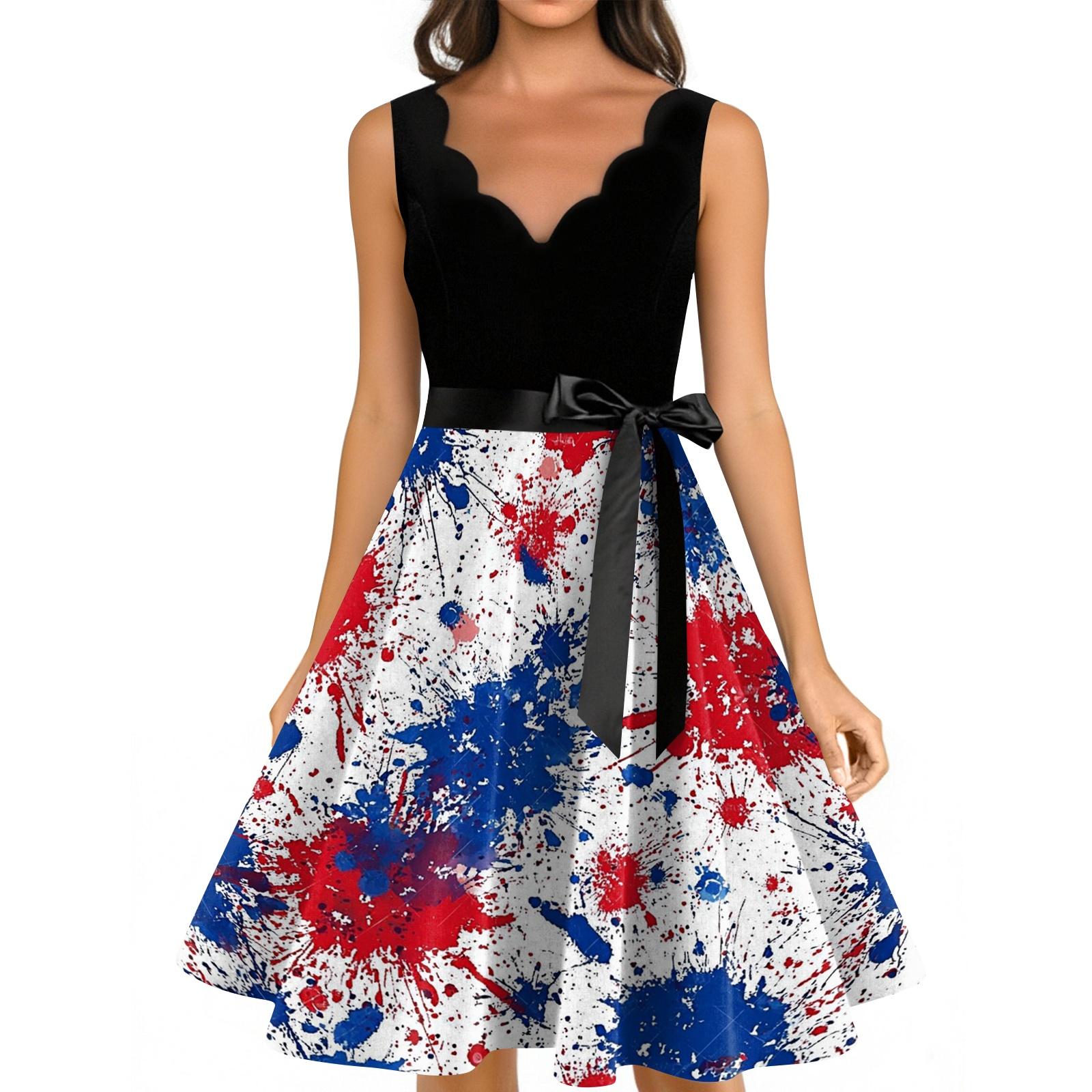 

Женское повседневное модное платье без рукавов с принтом ко Дню независимости, V-образным вырезом, в ретро стиле L синий