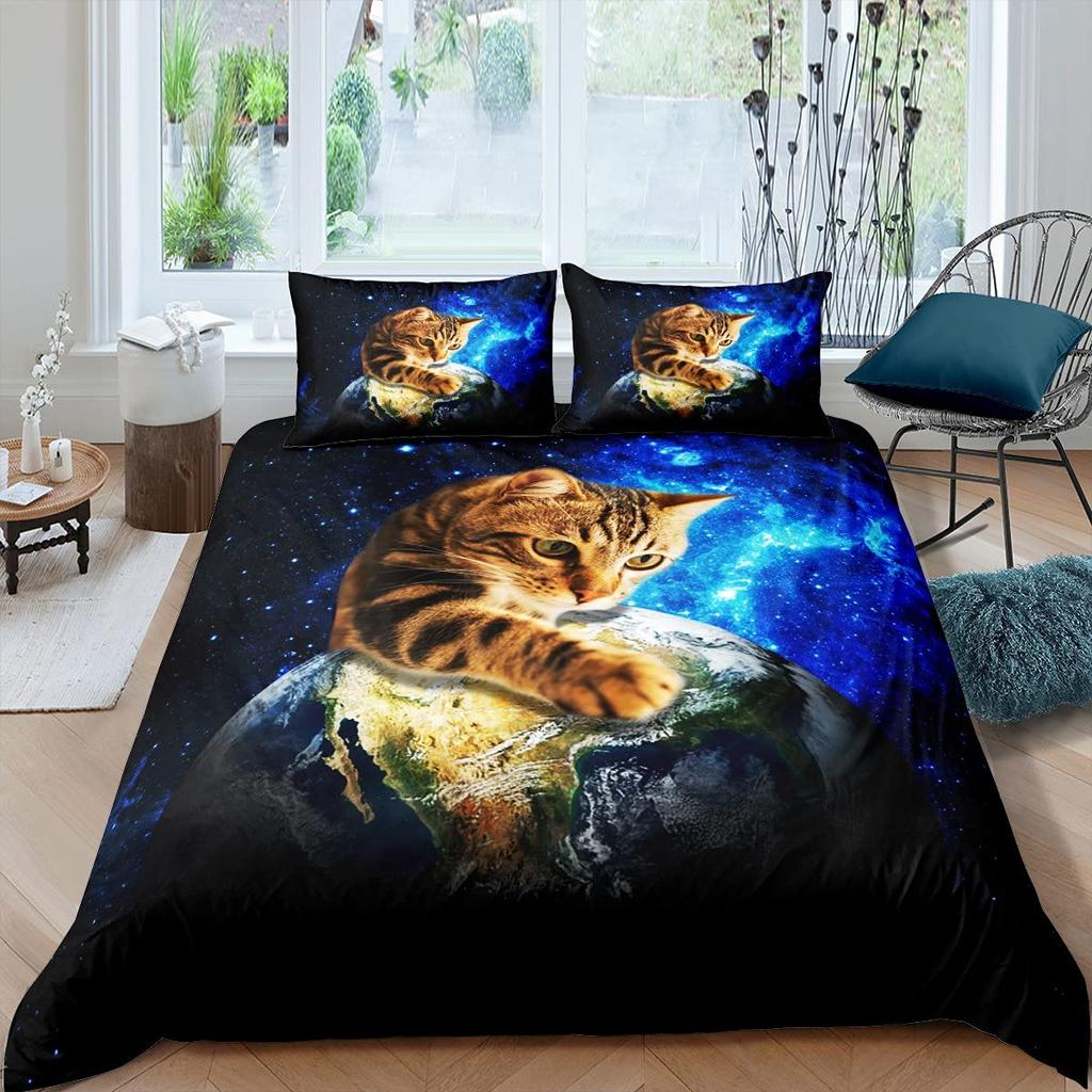 Galaxy Cat Duvet Cover Set Microfiber Universe Galaxy Bedding Set Cute Kitten Comforter Cover Outer Space Planets Quilt Cover