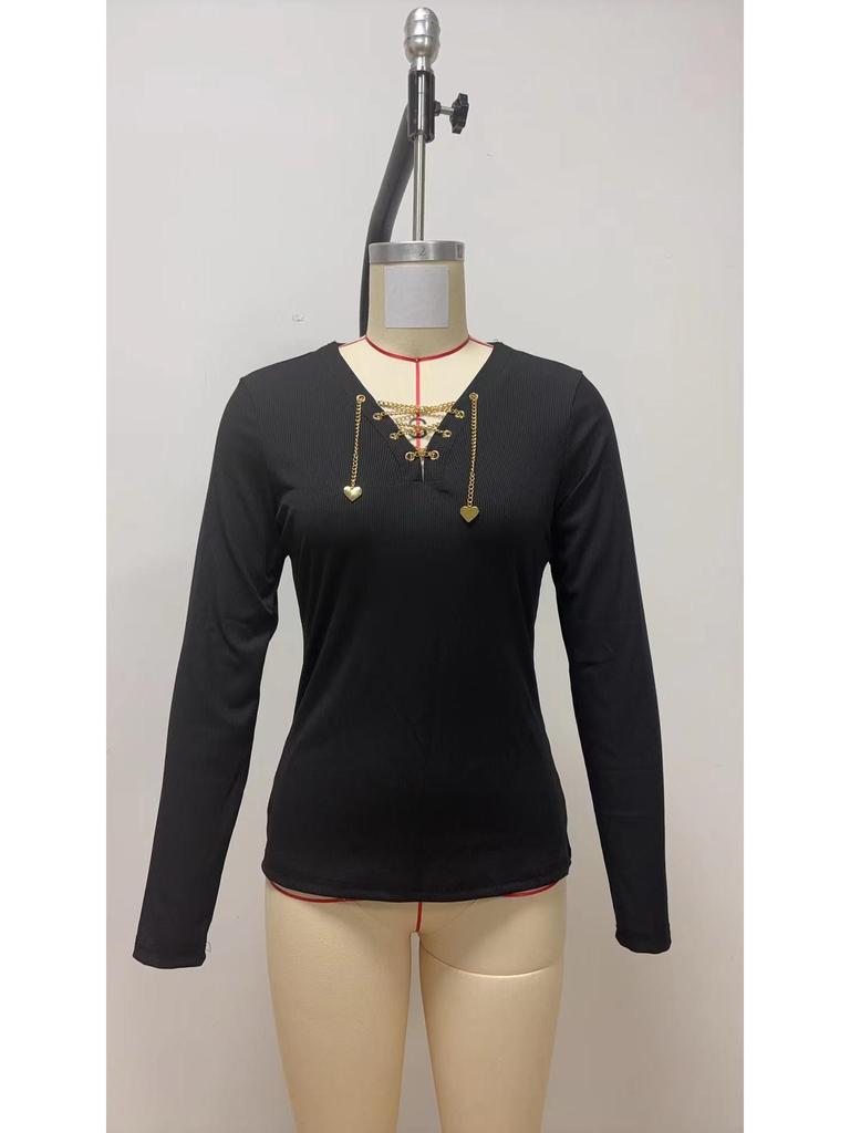 Elegant V-Neck Long-Sleeve Chain Women's Autumn/Winter Casual Top