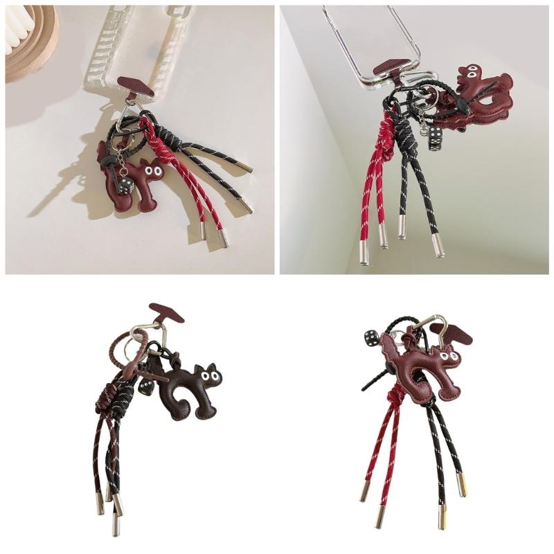 Elegant PU Leather Cat Pendant Keychain Braided Rope Phone Charm for Fashion Accessories Backpack Hanging Ornament