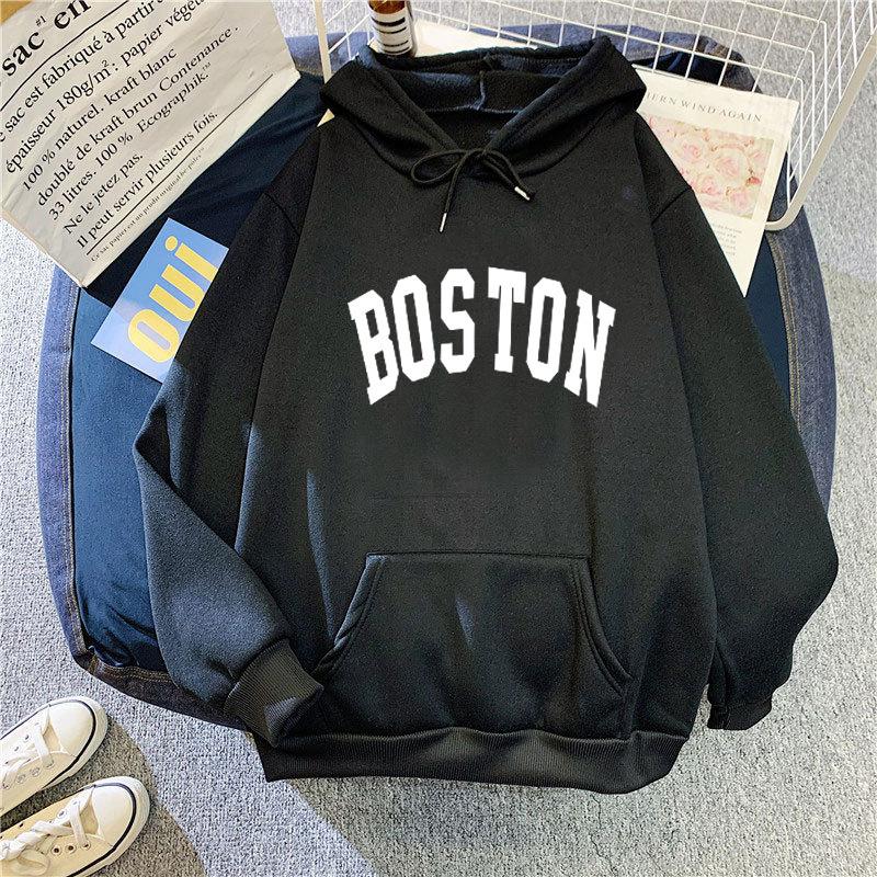 Women's Hooded Long Sleeve Sweatshirt Loose Fit Lazy Style Boston Letter Print Pullover Hoodie Vintage Autumn Winter Warm Outerwear