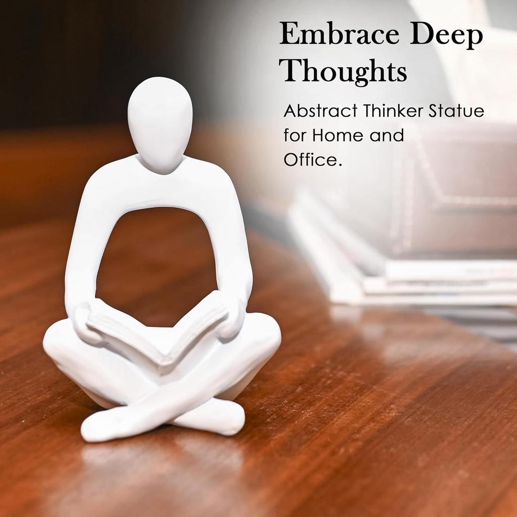 Promyšlené dárky pro muže – Socha Myslitele Moderní abstraktní pryskyřičná socha s knihou | Malá bílá figurka Hlubokého myslitele držící knihu