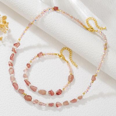 Ensemble de bijoux en quartz fraise et quartz rose avec perles d'eau douce pour l'automne/l'hiver
