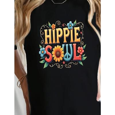 Camiseta HIPPIE SOUL Vintage para Mujer Cuello Redondo Manga Corta Estampado Floral Retro Años 60s70s Boho Festival Verano Ajuste Delgado