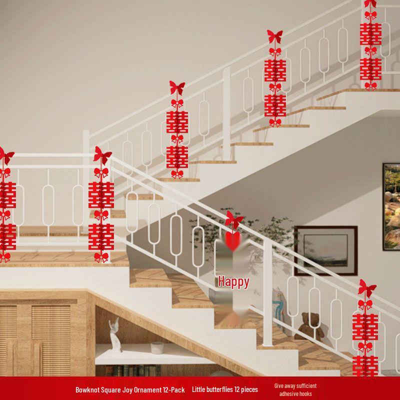 Double Happiness Stair Railing Decor: Wedding Floral Ornaments for Bride and Groom Sides