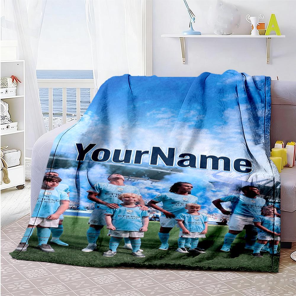 Manchester City Customize Text Blanket Gift Personalized Blanket Soft Warm Cozy Throw For Picnics Living Room Bed Home Decor Four Seasons Multipurpose