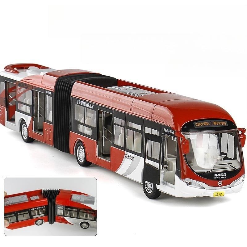1/32 Articulated Double Section Bus Toy Car Diecast Coach Model Pull Back Doors Openable Sound & Light Collection Gift Kid Boy