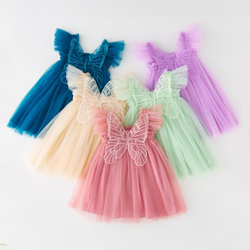 Ny Barnklänning i Gasa Fjärilsvingar Prinsessklänning Flickor Flygärm Slipklänning Baby Pompadourklänning Klänning