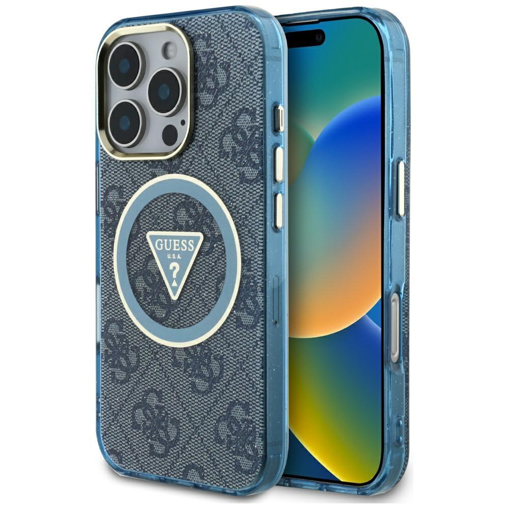 Guess IML Metal Glitter 4G Circle Triangle MagSafe Case for iPhone 16 Pro Max blue